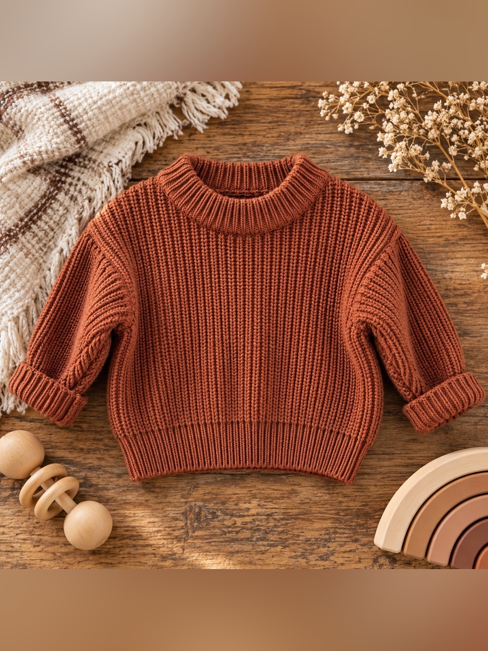 Lucky Panda Kids Chunky Knit Sweater Rust Baby 6-12M 100% Cotton Cozy